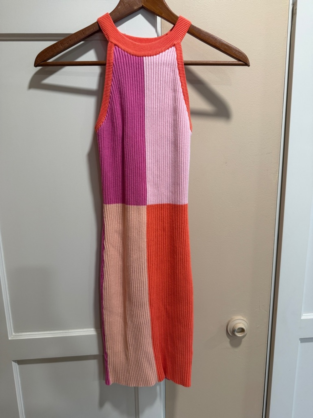 Colorblock Ribbed Knit Halter Dress - Pink & Orange